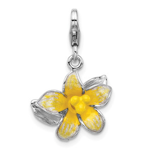 Amore La Vita Sterling Silver Rhodium-plated 3-D Yellow Enameled Plumeria Flower Charm with Fancy Lobster Clasp