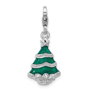 Amore La Vita Sterling Silver Rhodium-plated Green Enameled Christmas Tree with White Crystal in Bow Charm with Fancy Lobster Clasp