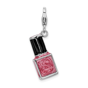 Amore La Vita Sterling Silver Rhodium-plated Polished 3-D Enameled Pink Nail Polish Bottle Charm with Fancy Lobster Clasp