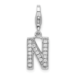 Amore La Vita Sterling Silver Rhodium-plated Polished CZ Letter N Initial Charm with Fancy Lobster Clasp - QC-37E1B847-6715
