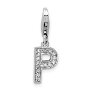 Amore La Vita Sterling Silver Rhodium-plated Polished CZ Letter P Initial Charm with Fancy Lobster Clasp - QC-98A0A705-7450