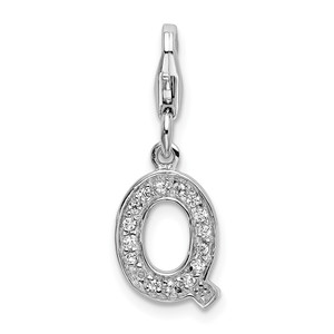 Amore La Vita Sterling Silver Rhodium-plated Polished CZ Letter Q Initial Charm with Fancy Lobster Clasp - QC-ACF06951-3661