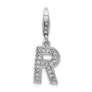 Amore La Vita Sterling Silver Rhodium-plated Polished CZ Letter R Initial Charm with Fancy Lobster Clasp - QC-E3E3C4A5-1235