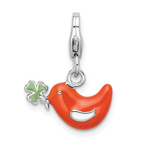 Amore La Vita Sterling Silver Rhodium-plated Polished Enameled Bird and Clover Charm with Fancy Lobster Clasp