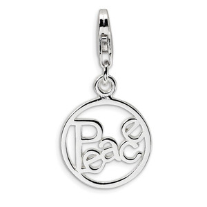 Amore La Vita Sterling Silver Rhodium-plated Polished PEACE in Circle Charm with Fancy Lobster Clasp