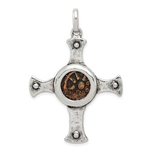 Ancient Coins Sterling Silver and Bronze Antiqued Widow's Mite Coin Cross Pendant with a Certificate of Authenticity - QA-D33047CF-6317
