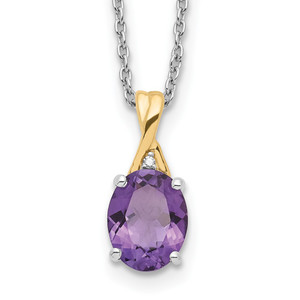 Brilliant Gemstones Sterling Silver with 14K Accent Rhodium-plated Amethyst and Diamond 18 Inch Necklace with 2 Inch Extender - QG-D3083D03-9210