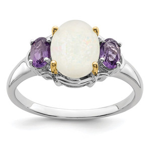 Brilliant Gemstones Sterling Silver with 14K Accent Rhodium-plated Opal and Amethyst Ring - QR-5D81A995-3340