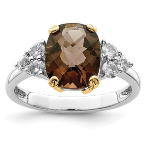 Brilliant Gemstones Sterling Silver with 14K Accent Rhodium-plated Smoky Quartz and White Topaz Ring - QR-258A8D35-1621
