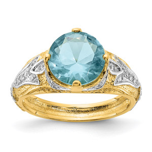 Cheryl M Sterling Silver Rhodium and Gold-plated Polished and Textured Blue Glass and CZ Ring - QC-CB4AD0DE-7459