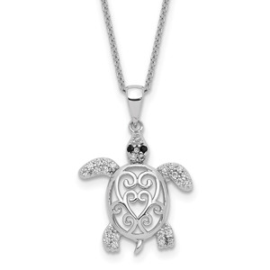 Cheryl M Sterling Silver Rhodium-plated Brilliant-cut Black Glass and Brilliant-cut White CZ Filigree Turtle 18 Inch Necklace