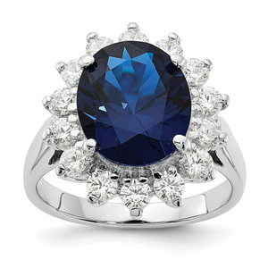 Cheryl M Sterling Silver Rhodium-plated Brilliant-cut Lab Created Dark Blue Spinel and Brilliant-cut White CZ Oval Halo Ring - QC-A5D1C37F-5613