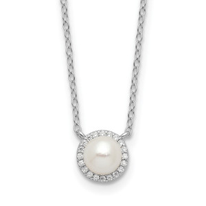 Cheryl M Sterling Silver Rhodium-plated Button Freshwater Cultured Pearl and Brilliant-cut CZ Halo 18 Inch Necklace