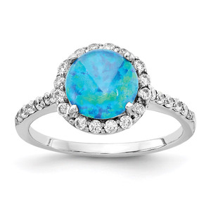 Cheryl M Sterling Silver Rhodium-plated Cabochon Lab Created Blue Opal and Brilliant Cut CZ Halo with Side Stones Ring - QC-16595ABE-9293