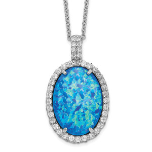Cheryl M Sterling Silver Rhodium-plated Cabochon Lab Created Blue Opal and Brilliant-cut CZ Oval 18.5 Inch Necklace - QC-8E6A3D71-3191