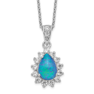 Cheryl M Sterling Silver Rhodium-plated Cabochon Lab Created Blue Opal and Brilliant-cut CZ Pear 18 Inch Necklace