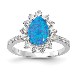 Cheryl M Sterling Silver Rhodium-plated Cabochon Lab Created Blue Opal and Brilliant-cut CZ Teardrop Shaped Ring - QC-642AEA89-8364
