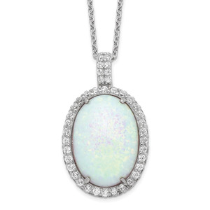 Cheryl M Sterling Silver Rhodium-plated Cabochon Lab Created Opal and Brilliant-cut CZ Oval Halo 18 Inch Necklace - QC-917B78F1-7971