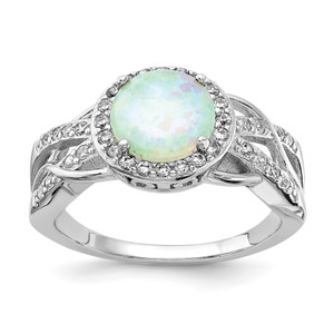 Cheryl M Sterling Silver Rhodium-plated Cabochon Lab Created Opal and Brilliant-cut CZ Woven Pattern Ring - QC-FD2B6CD4-3209