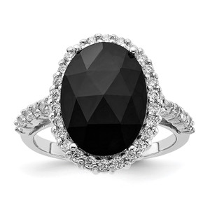 Cheryl M Sterling Silver Rhodium-plated Checker-cut Black CZ and Brilliant-cut White CZ Oval Halo Ring - QC-9EFD1246-3562