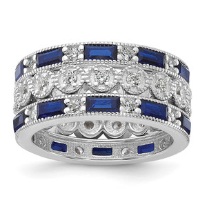 Cheryl M Sterling Silver Rhodium-plated Emerald-cut & Brilliant-cut Blue and White CZ Three Piece Eternity Ring Set - QC-358F6960-3511
