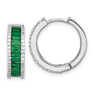 Cheryl M Sterling Silver Rhodium-plated Emerald-cut Green Nano Crystal and Brilliant-cut White CZ Round Hinged Hoop Earrings