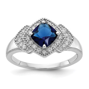 Cheryl M Sterling Silver Rhodium-plated Fancy Cushion-cut Blue Glass and Brilliant-cut White CZ Ring - QC-AD663CEF-1729