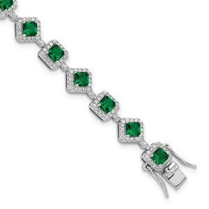 Cheryl M Sterling Silver Rhodium-plated Fancy Cushion-cut Green Glass and Brilliant-cut White CZ 7.5 Inch Bracelet