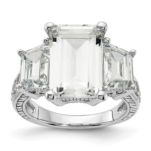 Cheryl M Sterling Silver Rhodium-plated Fancy Emerald-cut and Brilliant-cut CZ 3 Stone Ring - QC-3CCADD18-3372