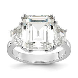Cheryl M Sterling Silver Rhodium-plated Fancy Emerald-cut and Brilliant-cut CZ 3 Stone Ring - QC-D25053BB-2976