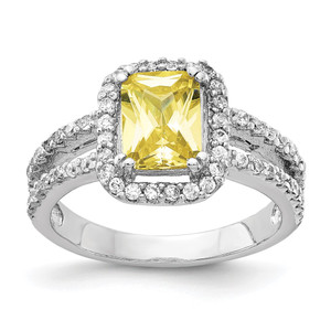 Cheryl M Sterling Silver Rhodium-plated Fancy Yellow Elongated Cushion-cut and White Brilliant-cut CZ Halo Ring - QC-6186B178-9706
