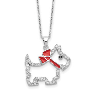 Cheryl M Sterling Silver Rhodium-plated Polished and Enameled Black and White CZ Scottie Dog 16 Inch with 2 Inch Extension Necklace