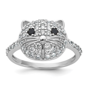 Cheryl M Sterling Silver Rhodium-plated Polished Black and White CZ Cat Ring - QC-1F74F2DF-1579