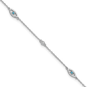 Cheryl M Sterling Silver Rhodium-plated Polished Blue Glass and CZ Evil Eye 9.5 Inch with 1 Inch Extension Anklet