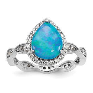Cheryl M Sterling Silver Rhodium-plated Polished Blue Lab Created Opal and CZ Teardrop Halo Ring - QC-33A22224-6235