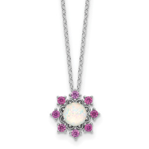 Cheryl M Sterling Silver Rhodium-plated Polished Created Opal and Pink Crystal Flower Necklace