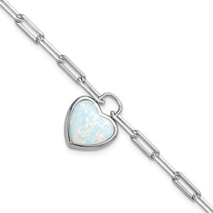 Cheryl M Sterling Silver Rhodium-plated Polished Created Opal Heart Paperclip Link with 1 Inch Extension Bracelet