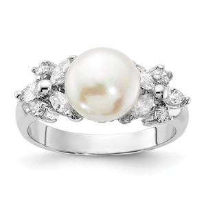 Cheryl M Sterling Silver Rhodium-plated Polished CZ and Freshwater Cultured Pearl Ring - QC-30B959A6-7894