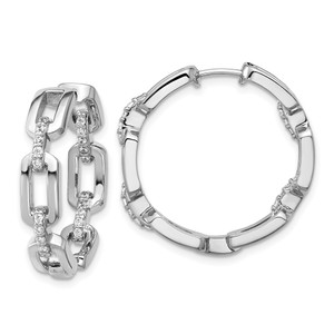 Cheryl M Sterling Silver Rhodium-plated Polished CZ Link In and Out Hinged Round Hoop Earrings