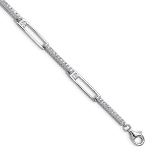 Cheryl M Sterling Silver Rhodium-plated Polished CZ Rectangular Link with 1 Inch Extension Bracelet