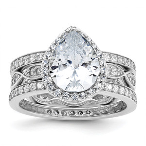 Cheryl M Sterling Silver Rhodium-plated Polished CZ Teardrop Halo 3 Ring Set - QC-4FB2E655-8311