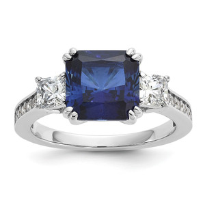 Cheryl M Sterling Silver Rhodium-plated Polished Fancy Blue and White CZ 3-Stone Ring - QC-255A152C-6186