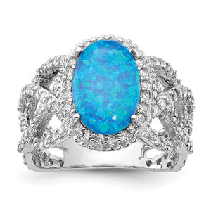 Cheryl M Sterling Silver Rhodium-plated Polished Fancy Blue Lab Created Opal and CZ Ring - QC-E3FBAFBF-5423