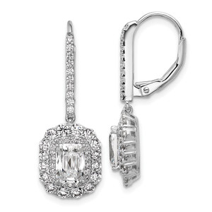 Cheryl M Sterling Silver Rhodium-plated Polished Fancy Emerald-cut CZ Halo Dangle Leverback Earrings