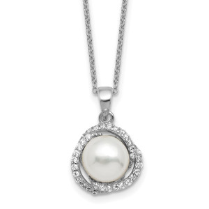 Cheryl M Sterling Silver Rhodium-plated Polished Freshwater Cultured Pearl and CZ 16 Inch with 2 Inch Extension Necklace