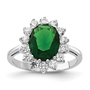 Cheryl M Sterling Silver Rhodium-plated Polished Green Glass and CZ Oval Halo Ring - QC-855953EA-3766
