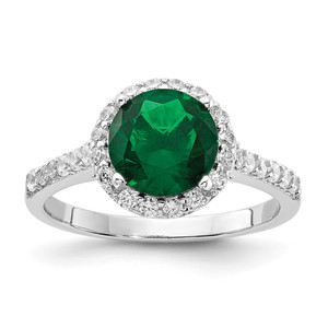 Cheryl M Sterling Silver Rhodium-plated Polished Green Glass and CZ Round Halo Ring - QC-D333379B-6608