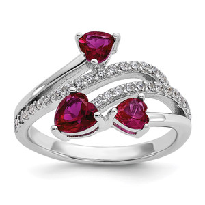 Cheryl M Sterling Silver Rhodium-plated Polished Lab Created Ruby and CZ Hearts Ring - QC-F3E3ADD5-3903