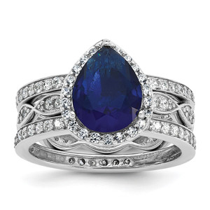 Cheryl M Sterling Silver Rhodium-plated Polished Lab Created Sapphire and CZ Teardrop Halo 3 Ring Set - QC-7898095B-6252