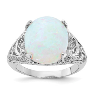 Cheryl M Sterling Silver Rhodium-plated Polished Oval Lab Created Opal and CZ Ring - QC-1471526B-9849